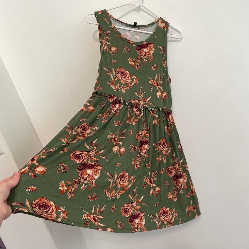 LILY ROSE Olive Green Peach Orange Floral Ruffle Sleeveless Mini Fit Flare Dress - Picture 7 of 12